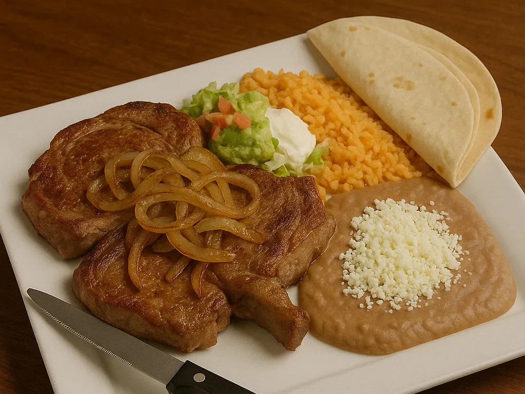 Authentic carne asada plate with two grilled ribeye steaks topped with onions, served with refried beans, Mexican rice, guacamole salad, and flour tortillas on a white plate