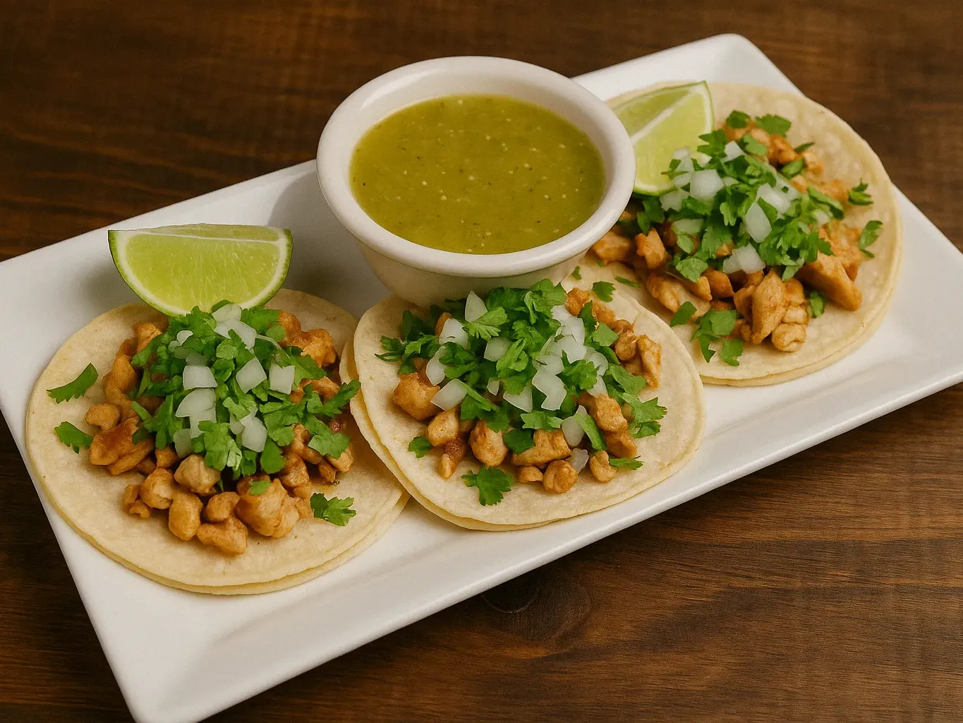 Three grilled chicken street tacos on corn tortillas, topped with cilantro and onions, served with lime wedges and salsa verde on a rectangular white plate