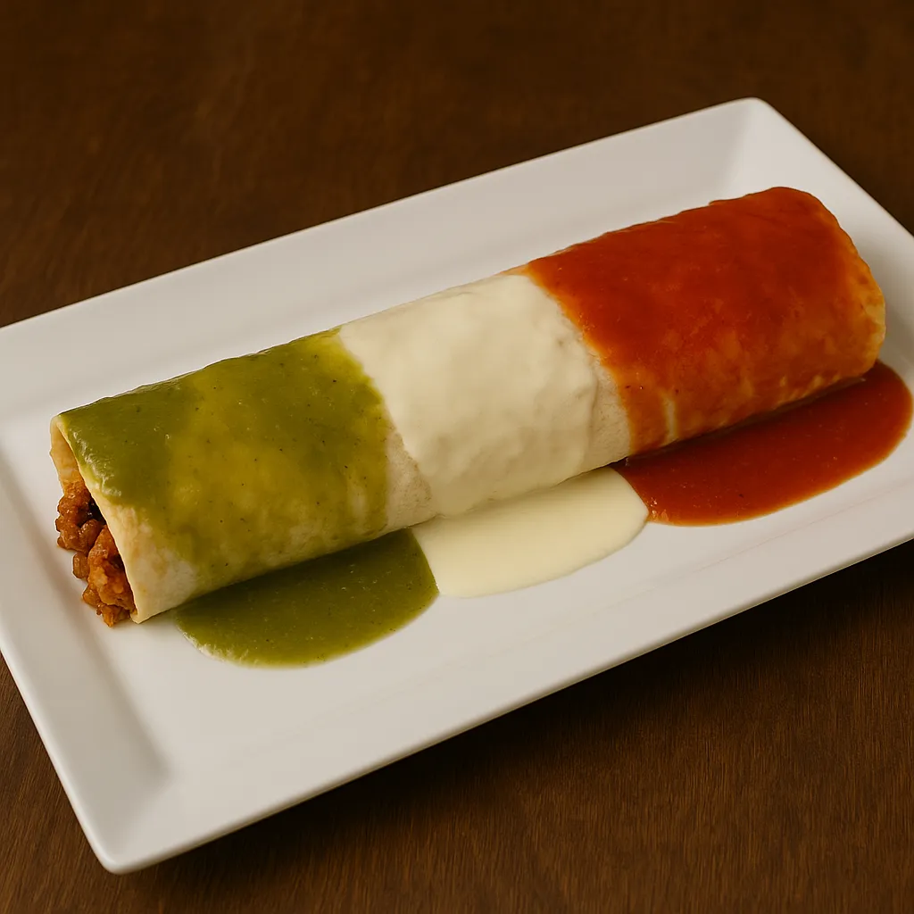 Burrito Bandera filled with steak, chicken, and chorizo, topped with green salsa, cheese sauce, and red salsa, plated on a large rectangular white plate to resemble the colors of the Mexican flag