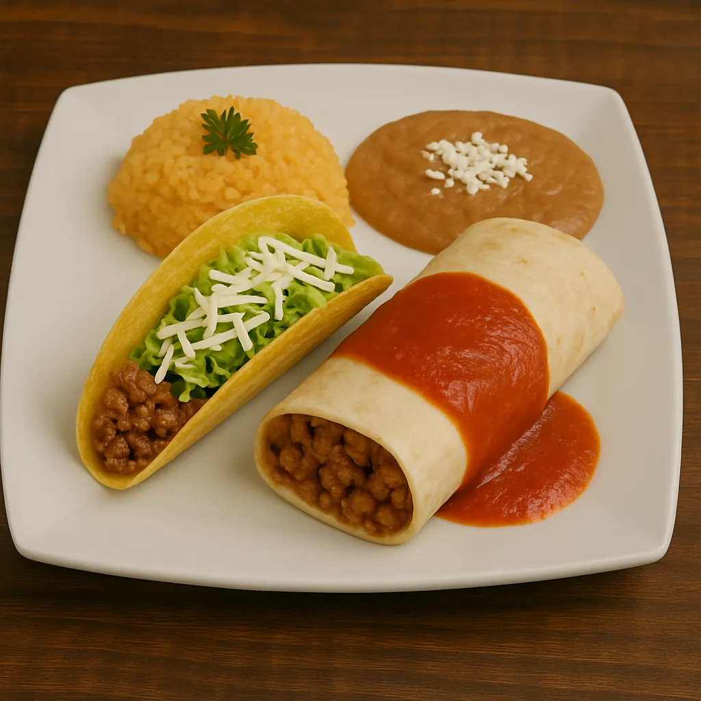Combo plate with one burrito, one taco, Mexican rice, and refried beans at Vallartas Mexican Restaurant in Lutz