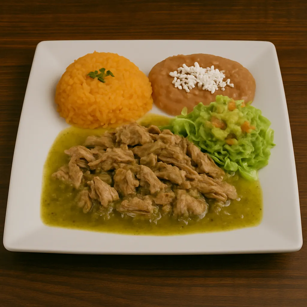 Tender carnitas cooked in savory salsa, served with rice, refried beans, and tortillas at Vallartas Mexican Restaurant in Lutz