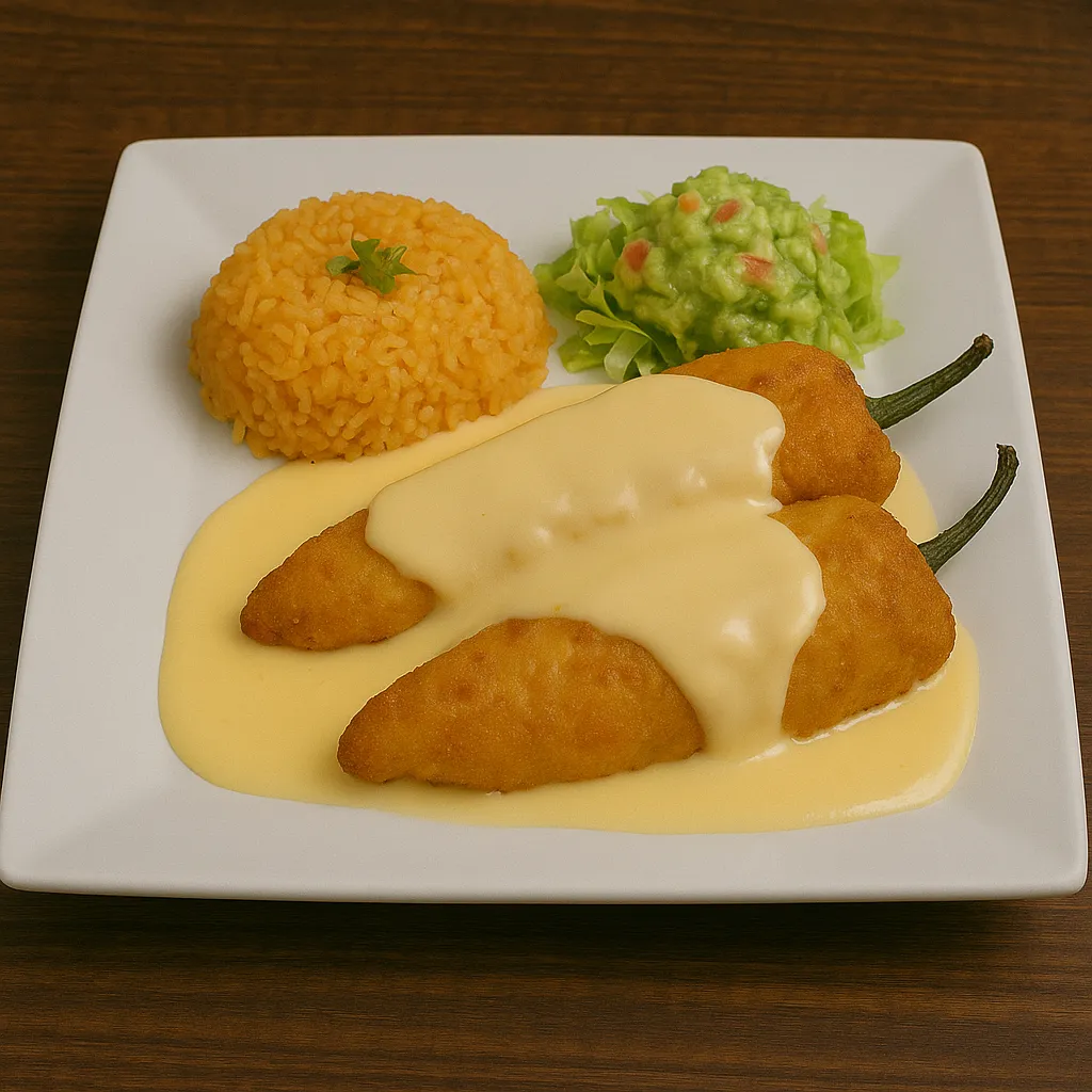 Stuffed chile poblanos topped with sauce and cheese, served with rice and refried beans at Vallartas Mexican Restaurant in Lutz