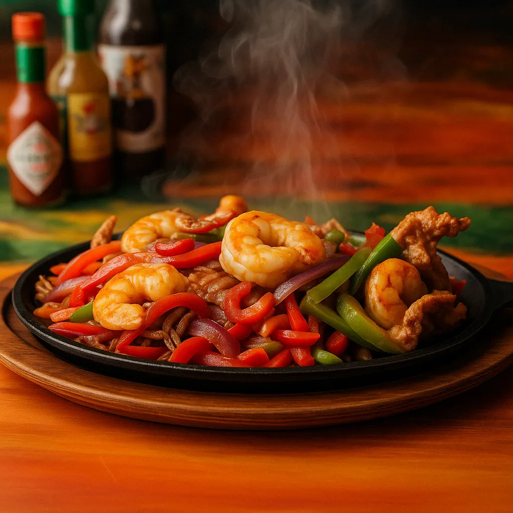Fajitas Vallartas served sizzling hot with shrimp, steak, and chicken on a cast-iron skillet, mixed with grilled bell peppers and onions, with hot sauce bottles in the background