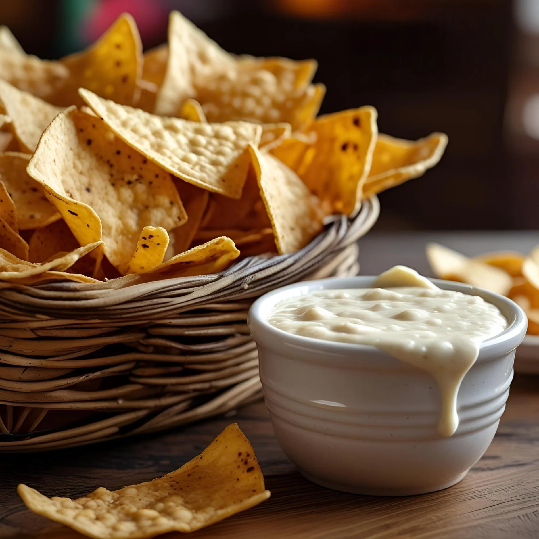 Bowl of creamy queso with tortilla chips – free queso offer at Vallartas Mexican Restaurant in Lutz, FL