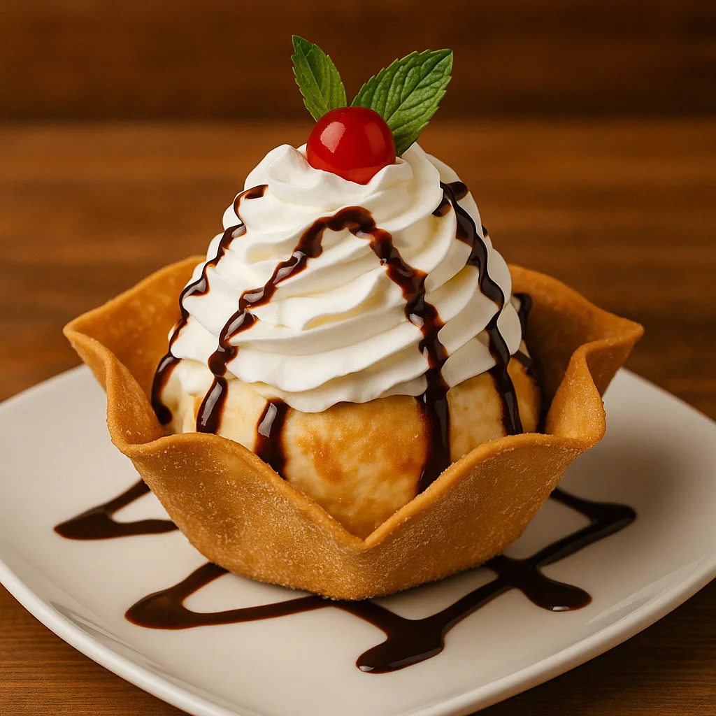 Fried ice cream served in a crispy flour tortilla bowl, topped with whipped cream, chocolate drizzle, a cherry, and mint leaf on a white plate over a wooden table