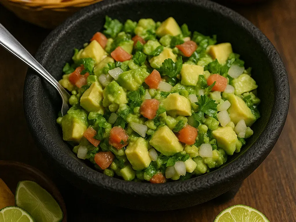 Guacamole Vallartas made with fresh avocado, tomato, onion, and cilantro, served in a stone molcajete with lime, chips, and salsa on a rustic wooden table