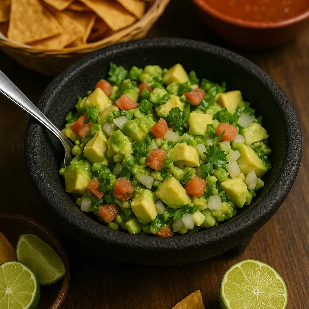 Guacamole Vallartas made with fresh avocado, tomato, onion, and cilantro, served in a stone molcajete with lime, chips, and salsa on a rustic wooden table