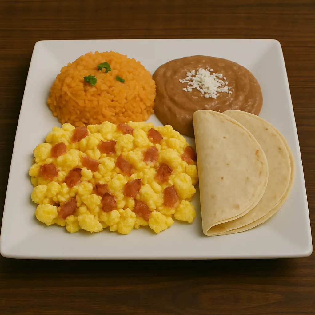 Huevos con tocino served with refried beans, rice, and warm tortillas at Vallartas Mexican Restaurant in Lutz