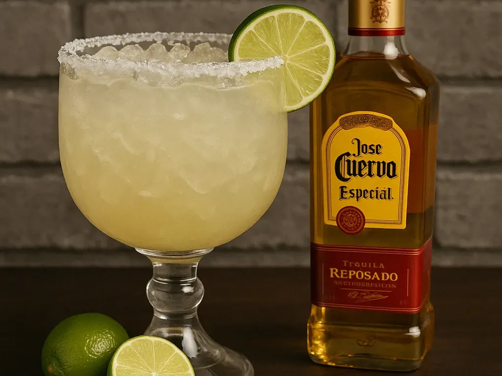 Jumbo house margarita served in a salt-rimmed goblet with lime garnish, accompanied by fresh limes on a rustic table with a brick wall background