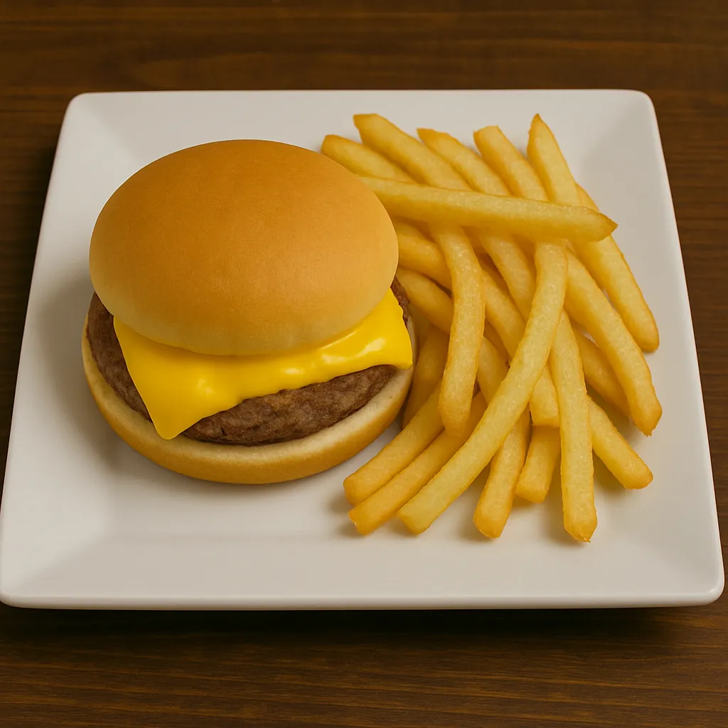 Kids menu cheeseburger served with crispy fries at Vallartas Mexican Restaurant in Lutz