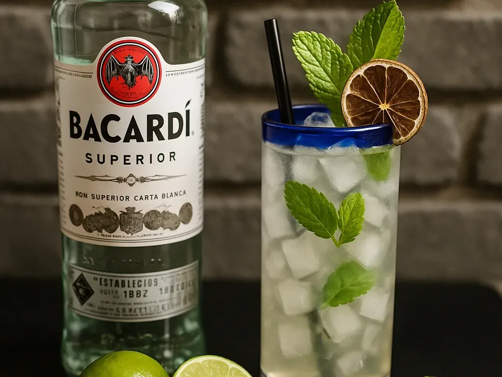 Mojito cocktail served in a tall glass with fresh mint leaves, lime, and ice, accompanied by a bottle of Bacardi Superior Rum and garnished with a dried lime wheel on a dark surface with a brick background