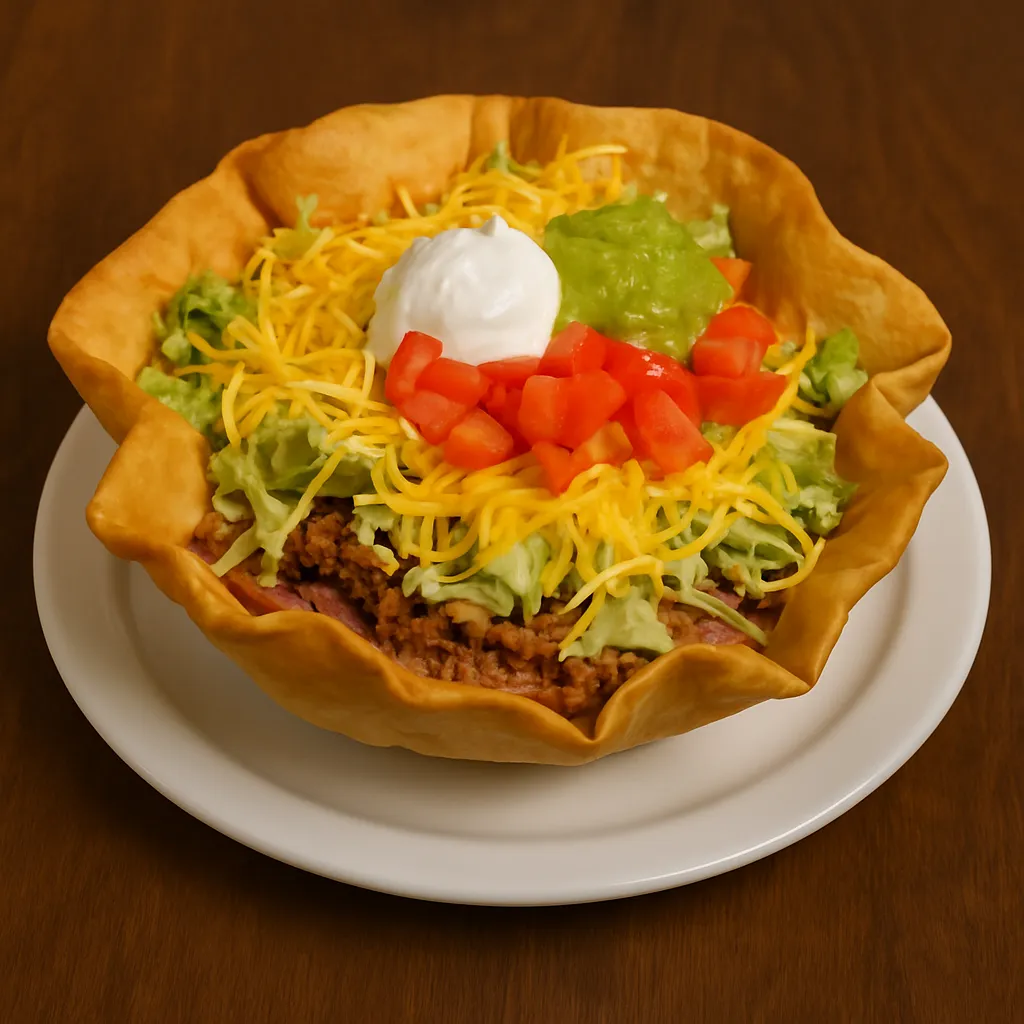 Taco salad served in a crispy flour tortilla shell with ground beef, refried beans, shredded lettuce, diced tomatoes, cheddar cheese, sour cream, and guacamole on a white plate over a wooden table