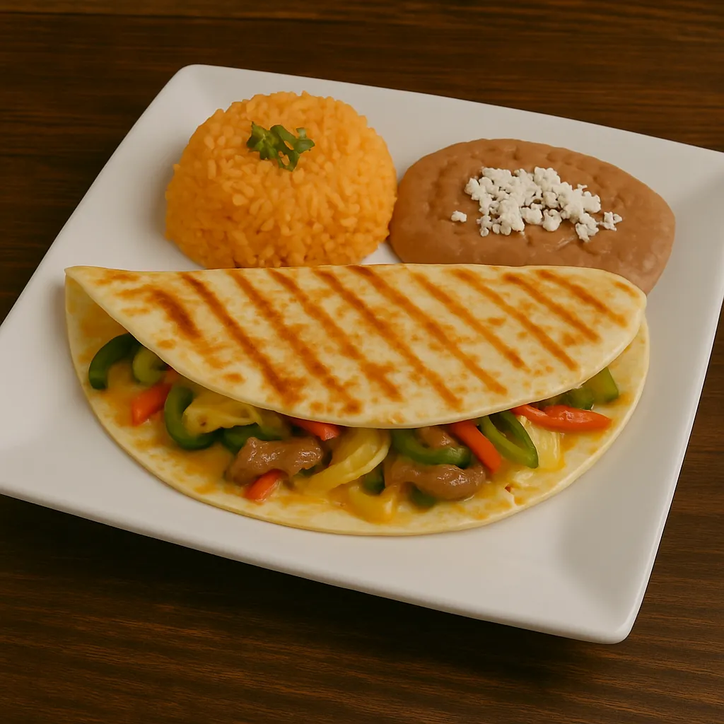 Grilled vegetarian quesadilla filled with cheese and sautéed vegetables, served with rice, beans, and guacamole at Vallartas Mexican Restaurant in Lutz